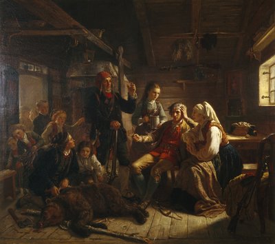Haavoittunut karhunmetsästäjä tekijältä Adolph Tidemand