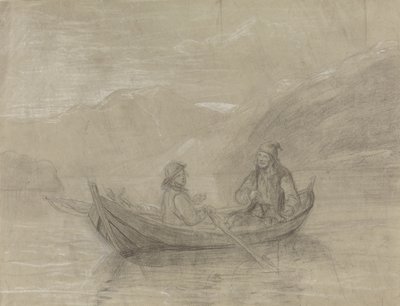 Kaksi kalastajaa veneessä tekijältä Adolph Tidemand