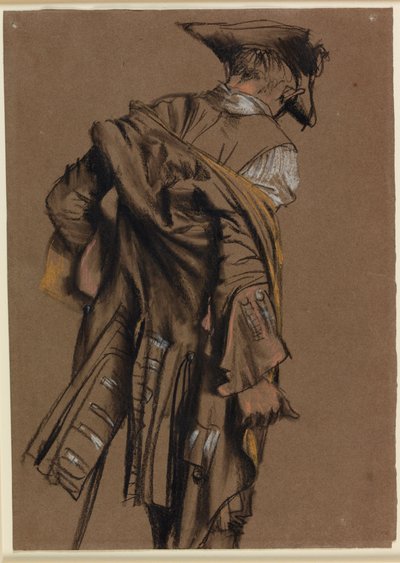 Taiteilijan malli, takaapäin katsottuna, pukemassa päälleen 1700-luvun univormua. tekijältä Adolph Menzel