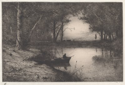 Kalastaja metsäisessä lammikossa illalla tekijältä Adolphe Appian