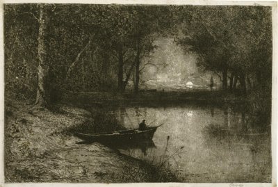 Kalastaja soutuveneessä, joen rannalla tekijältä Adolphe Appian