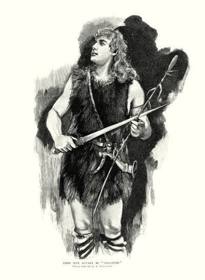 Saksalainen tenori Max Alvary Siegfriedinä Richard Wagnerin oopperassa Die Walkure Royal Opera Housessa, Covent Gardenissa, Lontoossa (litho) tekijältä Adolphe Birkenruth