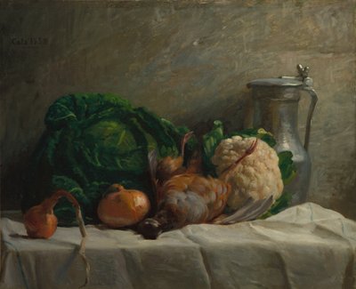 Asetelma vihannesten, peltopyyn ja kannun kanssa, 1858. tekijältä Adolphe Felix Cals