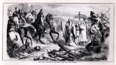 St. Loup puolustamassa Troyesin kaupunkia Attila Hunia (n. 406-453) vastaan hevosella, kuvitus Ranskan historiasta, 1800-luvun toinen puoli (bw kuva) tekijältä Adolphe Francois Pannemaker