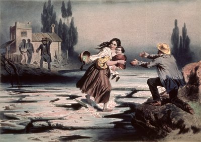 Eliza ylittämässä Ohio-joen jäälautat vapauteen, kuvitus Harriet Beecher Stowen teoksesta "Uncle Tom