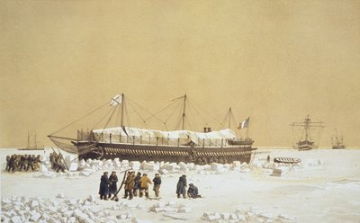 Kelluva akku La Tonnante jäässä ennen Kil-Bourounia, Nos Souvenirs de Kil-Bourounista LHiver Passe dans Le Liman du Dnieperin aikana, 1855-56, kaiverrus Eugene Ciceri (1813-90), julkaistu n. 18 tekijältä Adolphe Jean Baptiste Bayot and Antoine Leon Morel Fatio