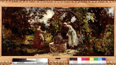 Elegantti ja hänen piika kaivolla Maalaus Adolphe Monticelli (1824-1886) Dim. 34,5x69,5 cm Pakollinen maininta: Kokoelman perusterveiset Provence, Marseille tekijältä Adolphe Joseph Thomas Monticelli