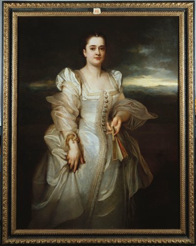 Muotokuva naisesta, jolla on valkoinen mekko, jossa on kirjailtu helmillä tekijältä Adolphe Joseph Thomas Monticelli