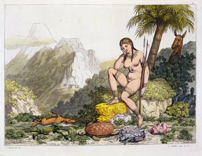 Etelä-Amerikan intiaaninainen, kaiverrus Gallo Gallina (1796-1874) (värikaiverrus) tekijältä Adolphe Joseph Thomas Monticelli
