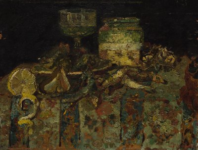 Asetelma: osterit, kalat, c. 1880 tekijältä Adolphe Joseph Thomas Monticelli