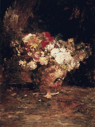 Kukkimaljakko, n. 1880 (öljy paneelille) tekijältä Adolphe Joseph Thomas Monticelli