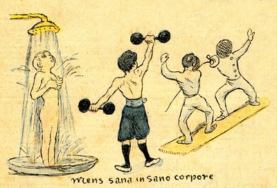 Hygienia ja urheilu. "Mens sana in sano corpore". A. Wiletten piirros Depeche de Toulousen kuvaliitteessä nro 41, 12. lokakuuta. tekijältä Adolphe Leon Willette