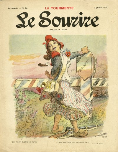 Kuva Adolphe dit Willettesta (1857-1926) Le Smilen kanteen, nro 28, 09.7.14 - Isku selkään - Nationalismi, Ranskan vallankumous, 14-18-vuotiaiden ensimmäisten hiirten sota, Rajat - Marianne tekijältä Adolphe Leon Willette