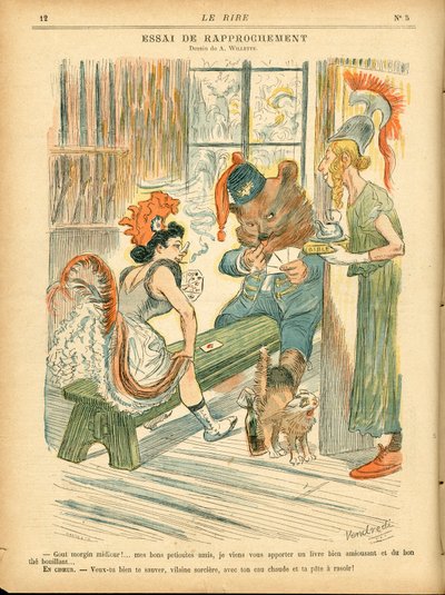 Naurua, satiirista väreissä: Tie de proprochement - Korttipeli - Marianne, Bear, Albion Britania - Kuvitus: Adolphe (Willette) (1857-1926) tekijältä Adolphe Leon Willette