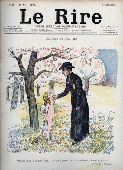 Spring Candeur - Kukkametsässä pappi silitti alaston lapsen kasvoja, piilottaa hänen selkänsä taakse jousen ja nuolen sekä siipipari. Tietämättä olevansa Amor, kysyy häneltä, onko hän uusi, koska kukaan ei ole koskaan nähnyt häntä katekismuksessa - illustr tekijältä Adolphe Leon Willette