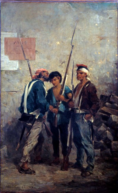 Vuoden 1848 vallankumous: ""iskulause"""" Pariisilaiset kapinat välittävät sanan barrikadejen lähellä 24.2.1848. Adolphe Pierre Leleux