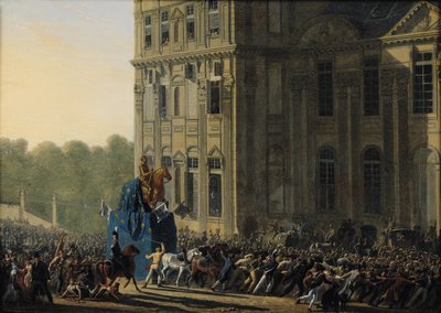 Henri IV:n (1553-1610) patsaan kuljettaminen Louvren kasvistopaviljongin edessä, 1818 tekijältä Adolphe Roehn