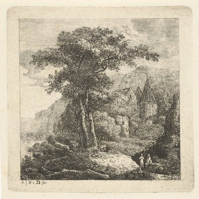 Vuoristoinen maisema puita, linna ja kaksi hahmoa tekijältä Adriaan Jacob Willem van Dielen