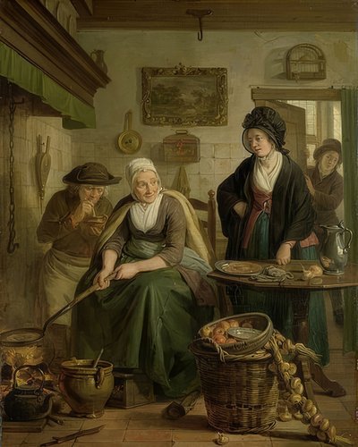 Nainen leipoo pannukakkuja. Noin 1790-1810 tekijältä Adriaan de Lelie