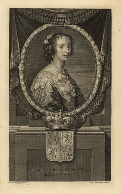 Henrietta Maria Ranskasta, Englannin kuninkaan Kaarle I:n vaimo. Henriette Marie de France. Mekossa pitsikaulus, helmikaulakoru. Kruunu ja vaakuna. Charles Simonneaun kuparikaiverrus Adriaen van der Werffin mukaan Isaac de Larreyn teoksesta H tekijältä Adriaan van der (after) Werff