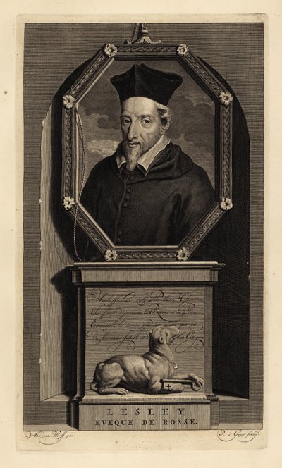 John Lesley, skotlantilainen historioitsija ja Rossin piispa. Rossen piispa. Koira avaimella. Pieter Stevens van Gunstin kuparikaiverrus Adriaen van der Werffin mukaan Isaac de Larreyn teoksesta Histoire d