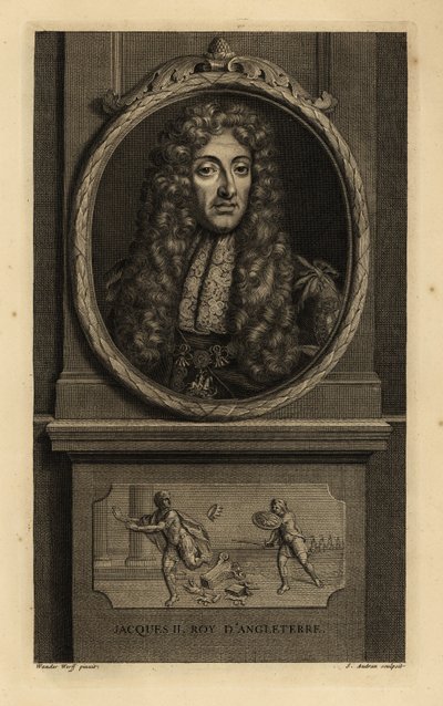 Englannin kuningas James II, Skotlannin James VII, Jacques II Roy d’Angleterre. Peruukki, pitsihuivi, ketju Pyhän Yrjön ja lohikäärmeen hahmolla. Vinjetti näyttää Rooman keisarin menettävän kruununsa sotilaalle. Jean Audranin kuparikaiverrus mainoksen jälk tekijältä Adriaan van der (after) Werff