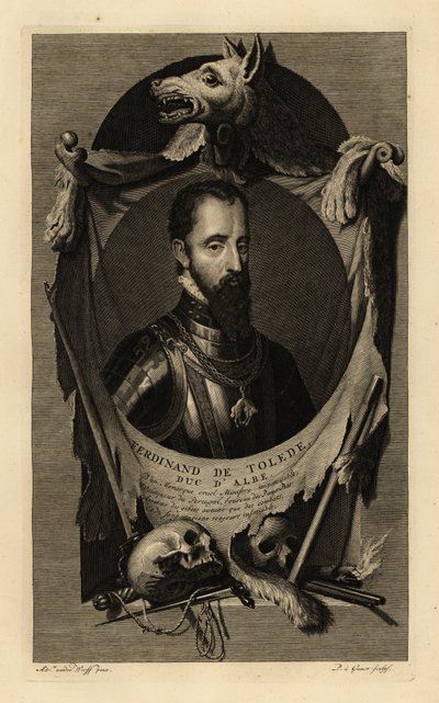 Muotokuva Ferdinand Alvarez de Toledo y Pimentelistä, Alban kolmannesta herttuasta eli rautaherttuasta. Haarniskapuvussa kultaisen fleecen ketjulla. Mukana sudennahkaa, ihmisen kallot, miekka, tikari ja piikivipistooli. Ferdinand de Tolede, Duc d’Albe. Kup tekijältä Adriaan van der (after) Werff