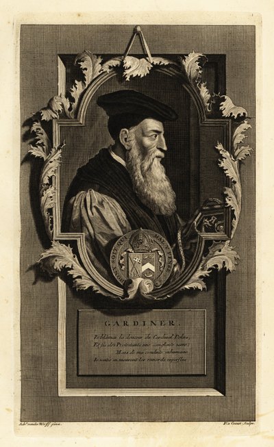 Winchesterin piispan ja poliitikon Stephen Gardinerin muotokuva. Vaakuna. Pieter Stevens van Gunstin kuparikaiverrus Adriaen van der Werffin mukaan Isaac de Larreyn teoksesta Histoire d