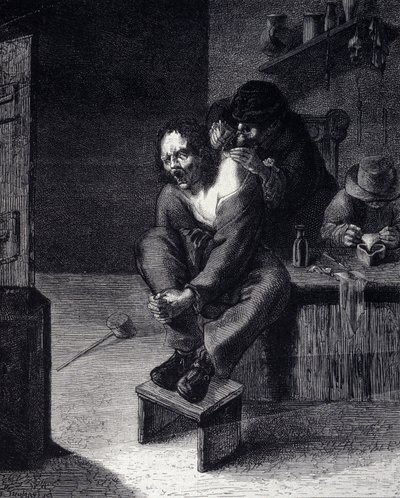 Kirurginen leikkaus Kaiverrus Adrien Brauwerin maalauksen jälkeen (1608) 1600-luku tekijältä Adriaen (after) Brouwer