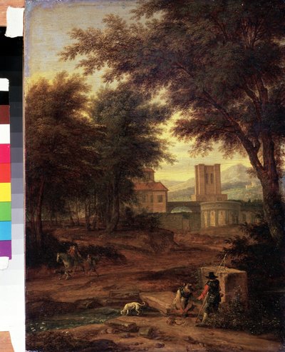 Italialainen maisema pyhiinvaeltajien kanssa Adriaen Frans Boudewijnsin (1644-1711) maalaus Pushkin-museo, Moskova tekijältä Adriaen Boudewyns
