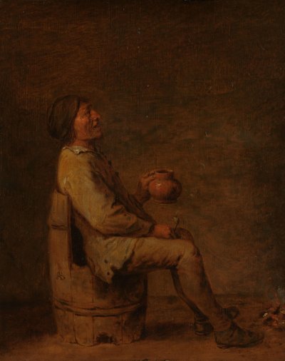 Istuva mies pitelee putkia ja kannua sisätiloissa tekijältä Adriaen Brouwer (possibly copy after)