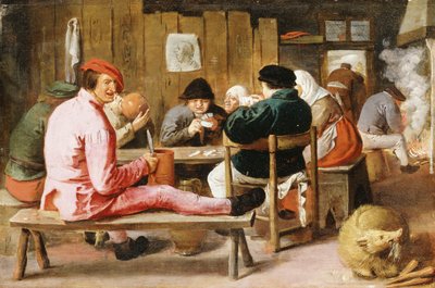 Boors tupakoi ja juo pöydän ääressä tavernassa, n. 1625 tekijältä Adriaen Brouwer