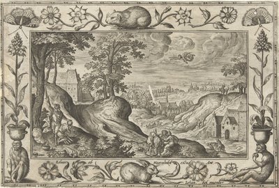 Abraham uhraa Iisakin Maisemat, joissa on raamatullisia, mytologisia kohtauksia ja metsästyskohtauksia (sarjan nimi) tekijältä Adriaen Collaert
