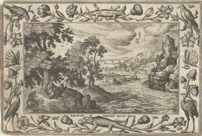 Apostoli Johannes Patmoksella Maisemat, joissa on raamatullisia, mytologisia kohtauksia ja metsästyskohtauksia (sarjan nimi) tekijältä Adriaen Collaert