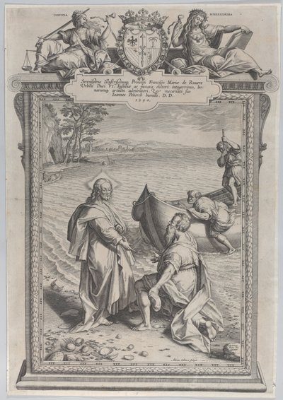 Kristus kutsuu Pyhän Andreaksen, joka polvistuu hänen edessään rannalla, ja Pyhän Pietarin, joka kiipeää..., 1590. tekijältä Adriaen Collaert