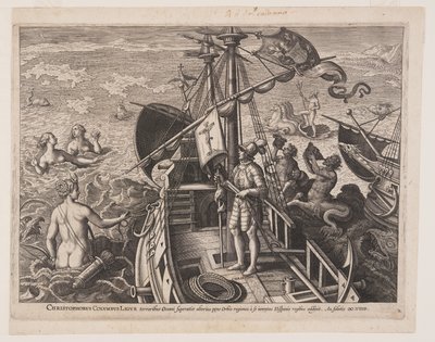 Kristoffer Kolumbus laivallaan, Amerikka (Amerikka) -teoksesta (The Discovery of America) tekijältä Adriaen Collaert
