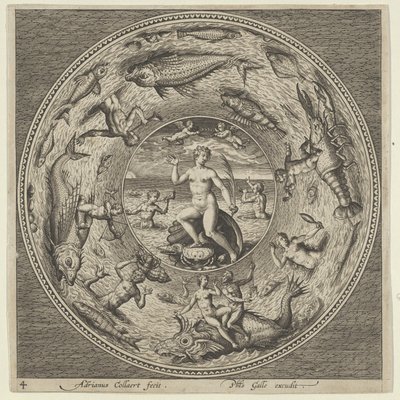 Suunnittelu lautaselle, jonka kuoressa on Galatea, jota reunustavat trumpetistit medaljongin reunassa..., c1600. tekijältä Adriaen Collaert