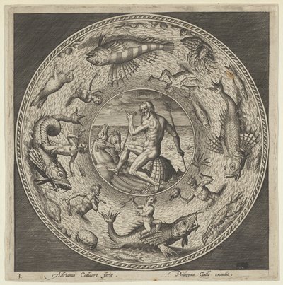 Suunnittelu lautaselle, jossa on Neptunus kuoressa, jonka hevoset piirtävät medaljonkiin Reunustaa ..., c1600. tekijältä Adriaen Collaert