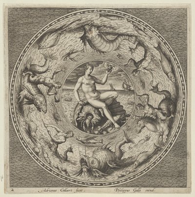 Suunnittelu lautaselle, jossa on Thetis kuoren päällä medaljonissa, jota reunustavat Sea Monsters, c1600. tekijältä Adriaen Collaert