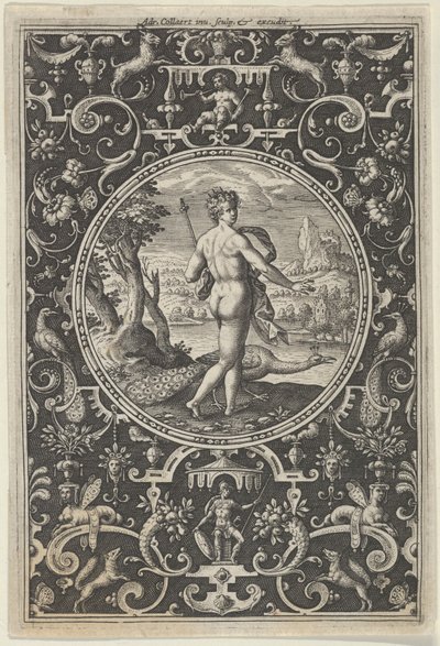 Juno koristeellisessa kehyksessä groteskeilla, Pariisin tuomiosta, n. 1580-..., c1580-1600. tekijältä Adriaen Collaert