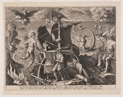 Magellan istuu kannella, lähteestä Americae Retectio tekijältä Adriaen Collaert
