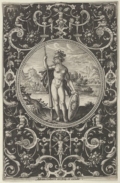 Minerva koristeellisessa kehyksessä groteskeilla, Pariisin tuomiosta, n. 1580-1600. tekijältä Adriaen Collaert
