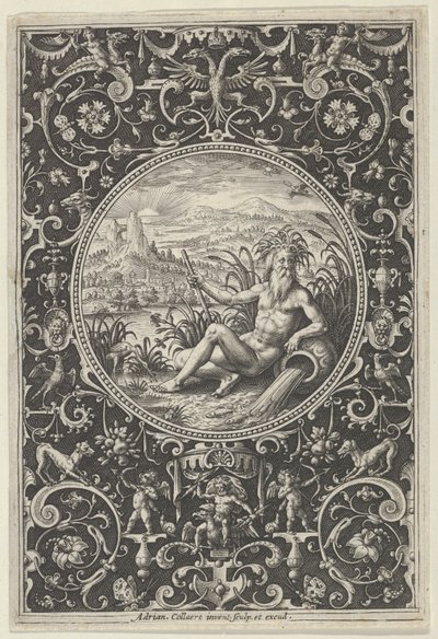 Neptunus koristeellisessa kehyksessä, jossa on groteskeja, Pariisin tuomiosta, n. 1580-1600. tekijältä Adriaen Collaert