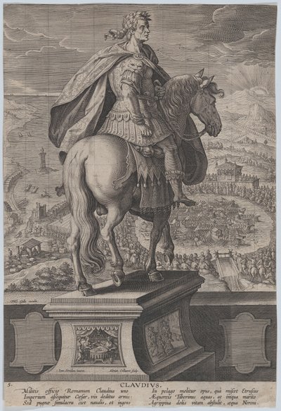 Levy 5: Claudiuksen ratsastuspatsas takaa katsottuna, merivoimien kilpailu ri..., n. 1587-89. tekijältä Adriaen Collaert