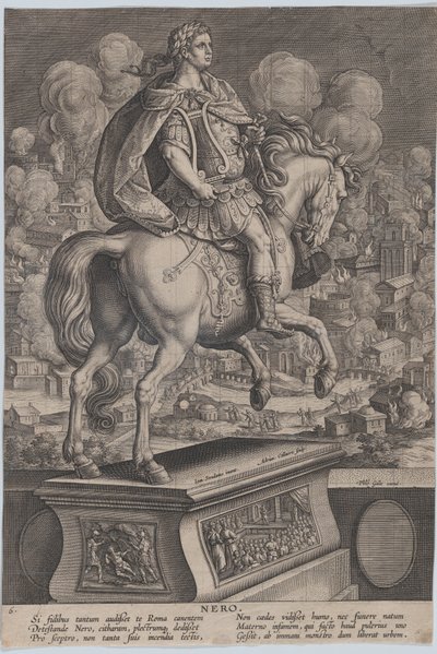 Levy 6: Neron ratsastuspatsas takaa katsottuna, Rooman suuri tulipalo..., n. 1587-89. tekijältä Adriaen Collaert