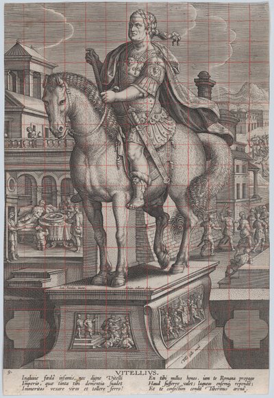 Levy 9: Vitelliuksen hevospatsas, nähtynä kolme neljäsosaa vasemmalla, hänen ..., n. 1587-89. tekijältä Adriaen Collaert