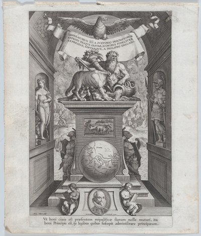 Nimisivu teokselle "Roomalaiset keisarit hevosella", n. 1587-89. tekijältä Adriaen Collaert
