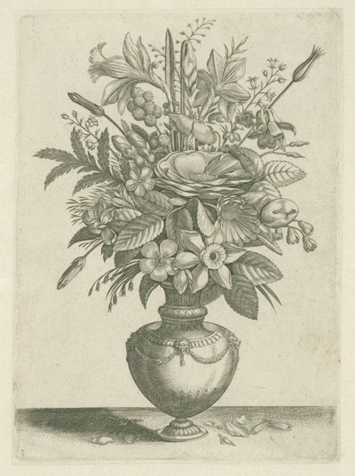 Maljakko kukilla, mukaan lukien trumpetti narsissit Florilegium (sarjan nimi) tekijältä Adriaen Collaert