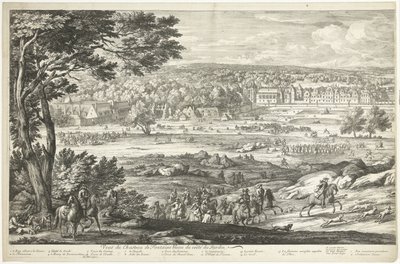 Näkymä Fontainebleaun linnalle (vasen sivu) Veuë du Chasteau de Fontainebleau du costé du Jardin (otsikko esineessä) tekijältä Adriaen Frans Boudewyns
