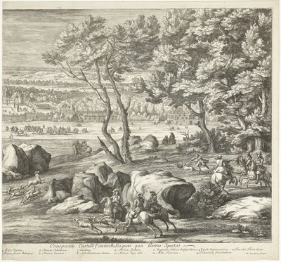 Näkymä Fontainebleaun linnalle (oikealla sivulla) Veuë du Chasteau de Fontainebleau du costé du Jardin (otsikko esineessä) tekijältä Adriaen Frans Boudewyns